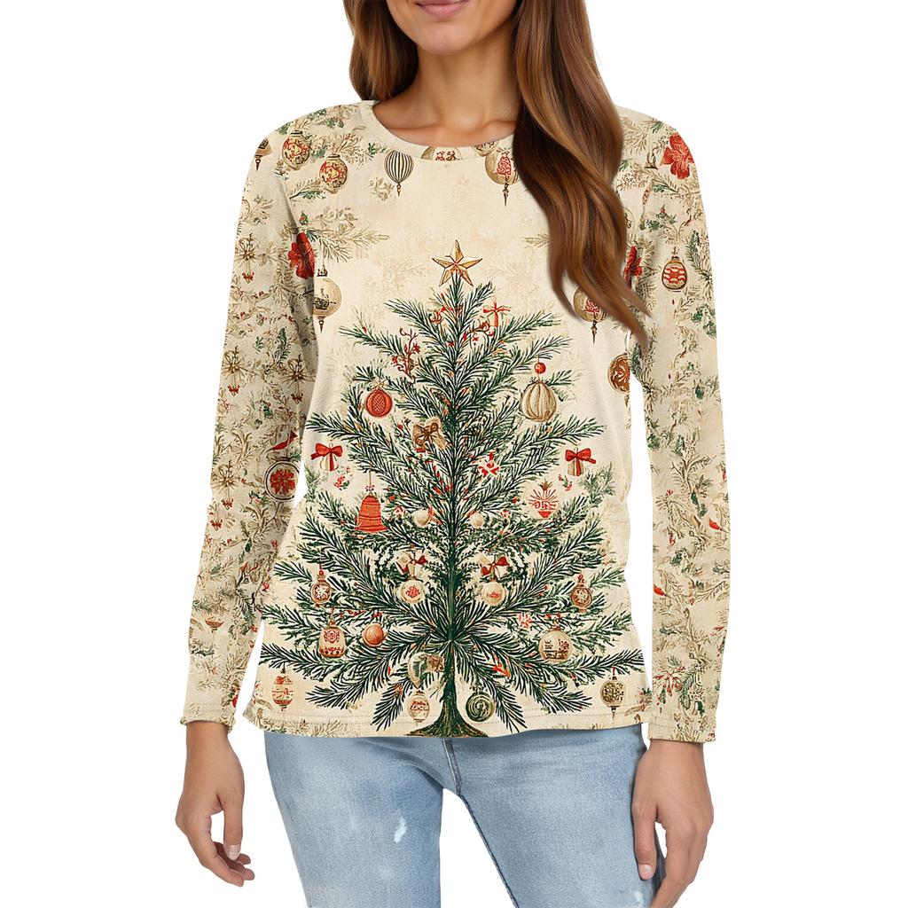 Women's Fashion Casual Slit Hem Round Neck Long Sleeve Loose Christmas Printed T-Shirt Ladies Top
