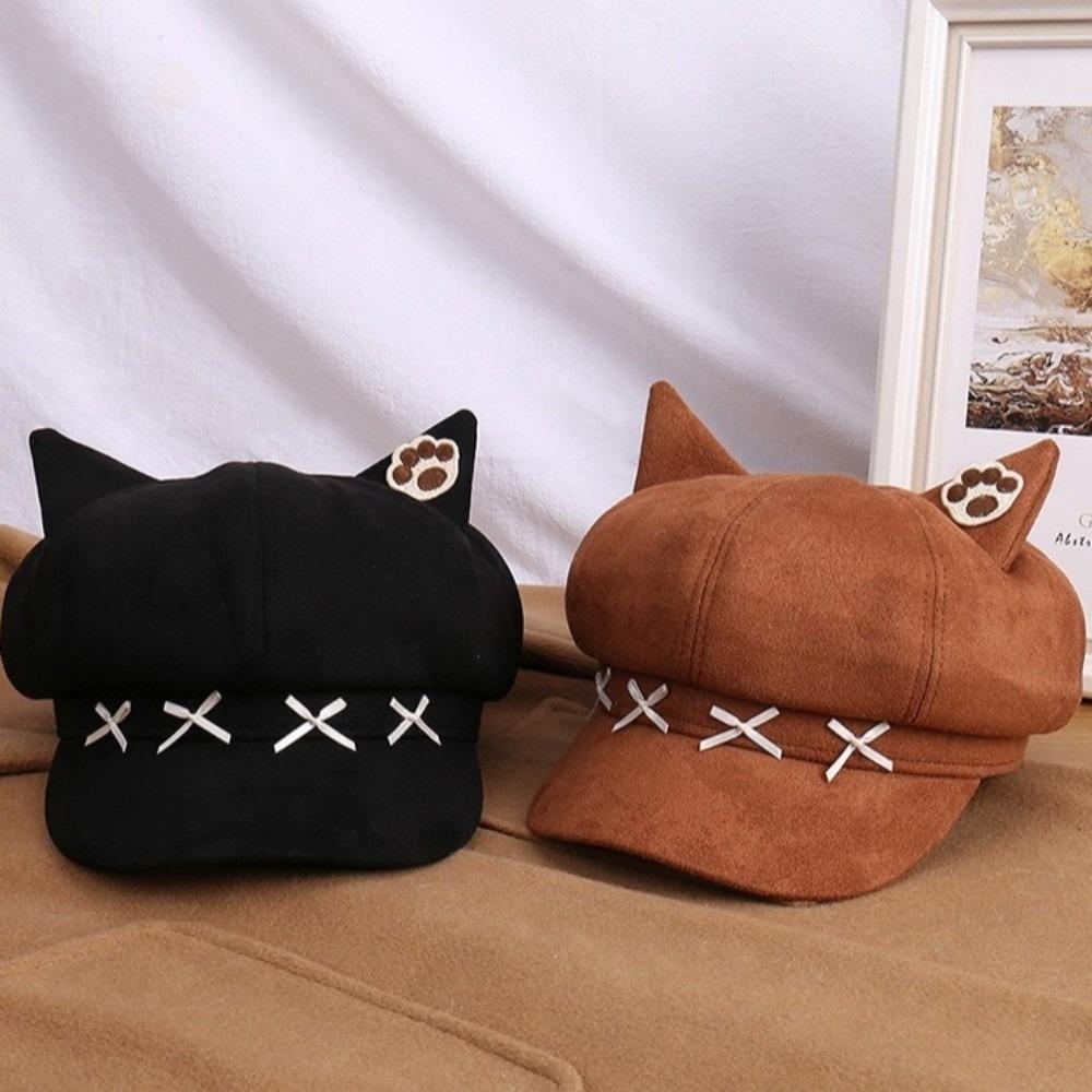 Cat Ear Winter Hat Warm Octagonal Hat Cute Beret Cap Women
