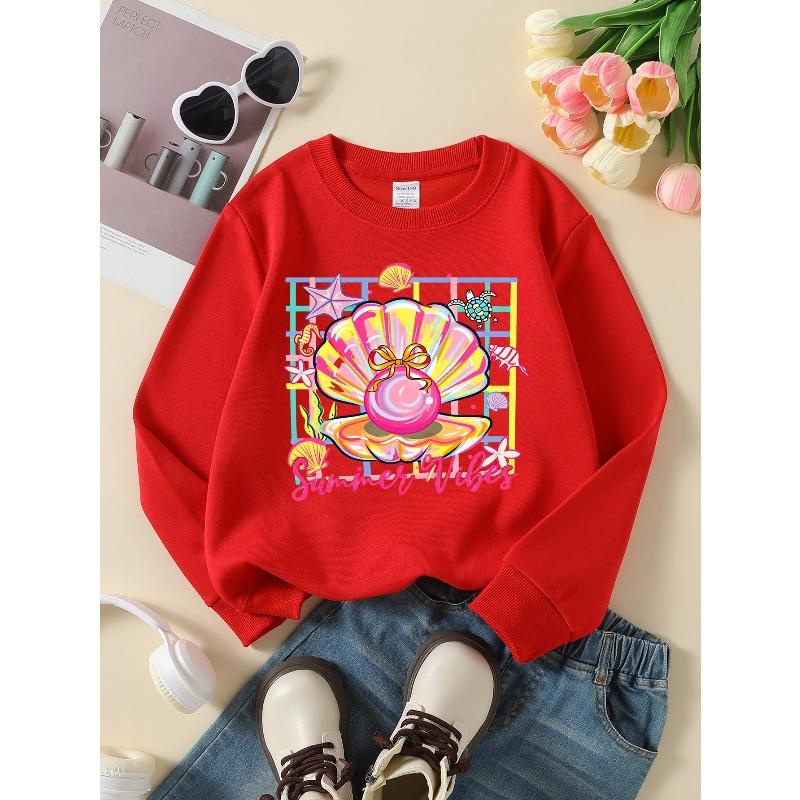 Girls Soft Crewneck SweatshirtSummer Vibes Pearl Shell Sea Turtle Starfish Print with Cute Creative Print, Casual All-Match for Fall Winter