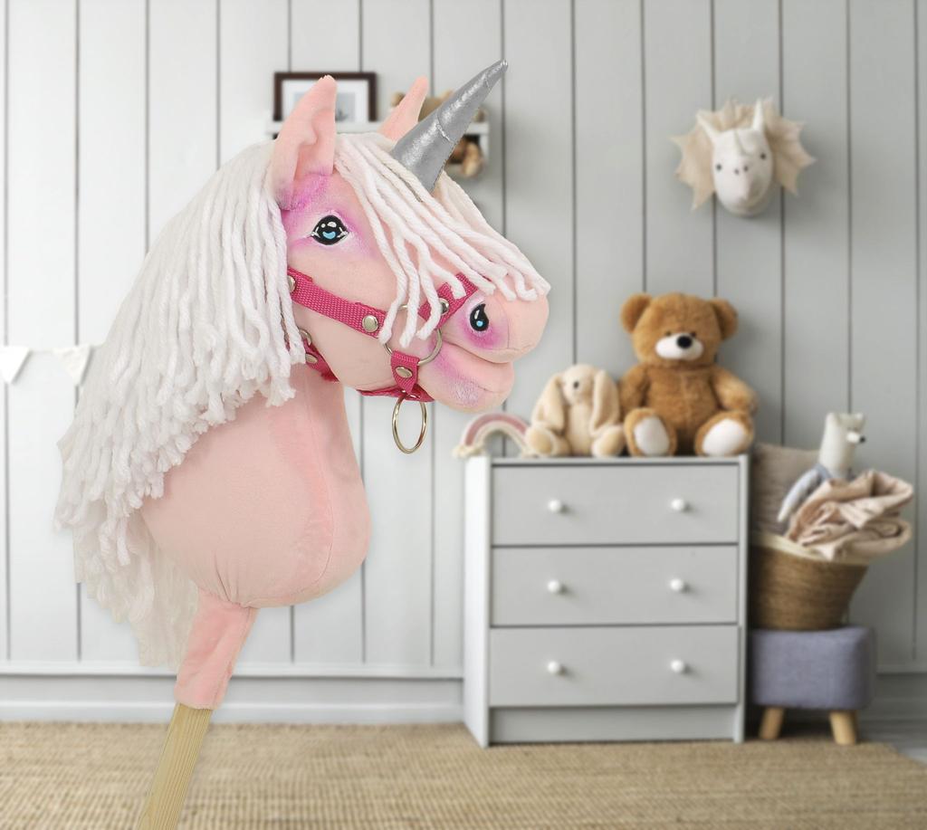 Hobby Horse Unicorn On a Stick, Small Pink with White Mane and Silver Horn