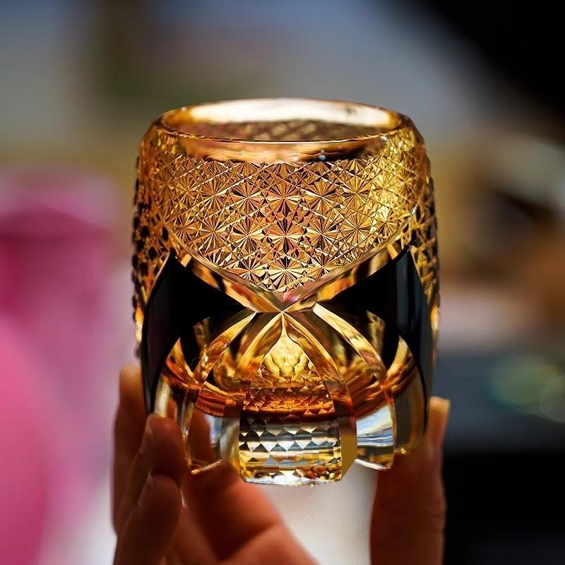 Japanese Black Warrior Crystal Glass Armor Edo Kiriko Whiskey Wine Glasses Hand Engraved Amber Whisky Cup Brandy Rock Snifter