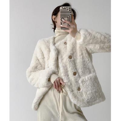 Autumn and Winter New Style Small Fragrance Lamb Wool Cotton Coat for Women White Plush Small Loose Thickened Coat for Women