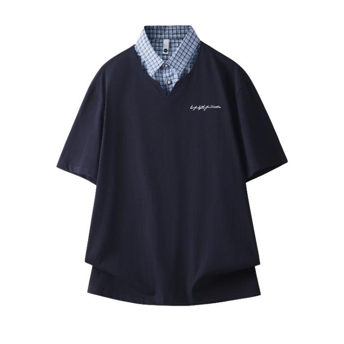 Men s Heavyweight Polo T-Shirt with Faux Two-Piece Design - Short Sleeve, Cool Style, Loose Fit, Shirt Collar M