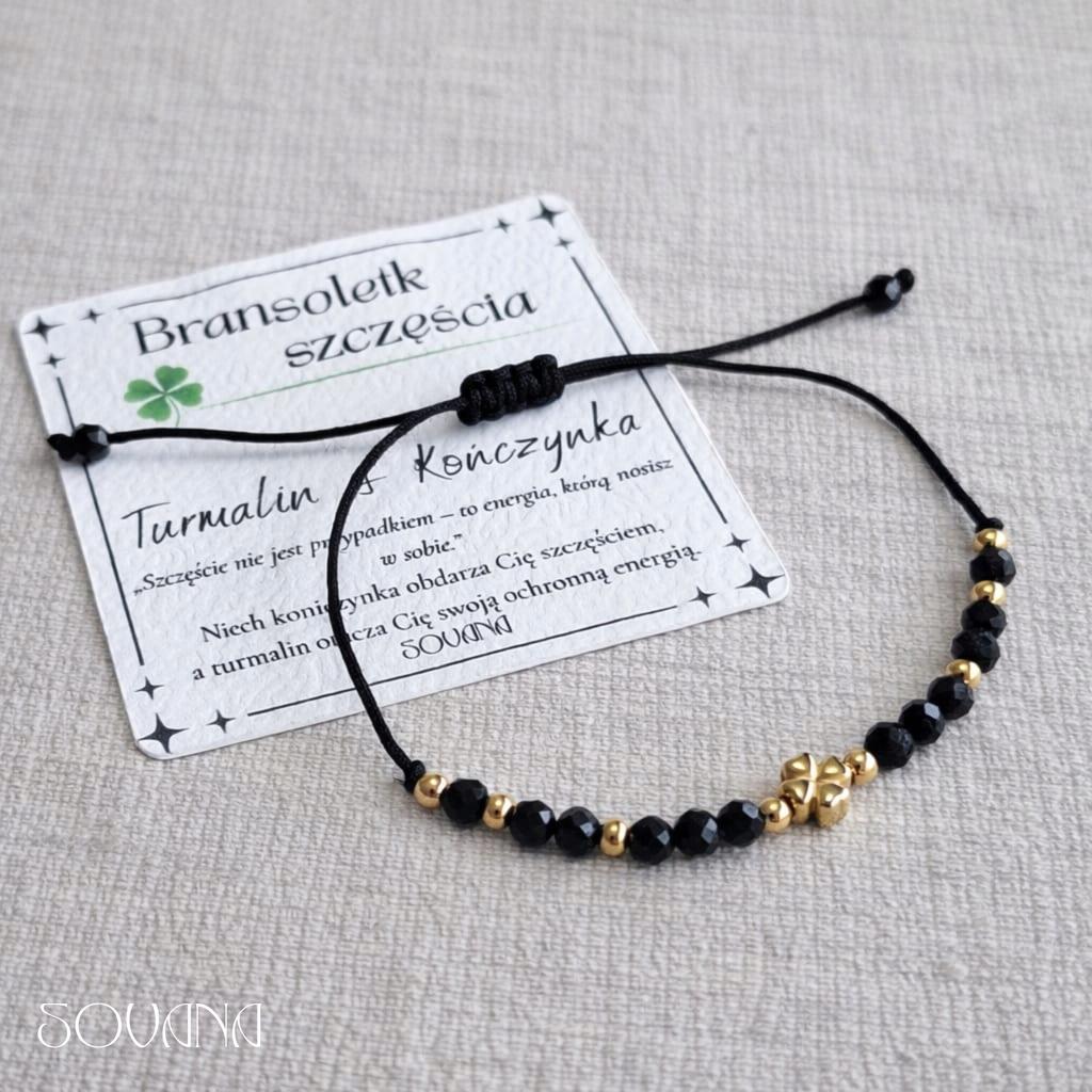 Lucky bracelet, protective, black tourmaline, clover, adjustable