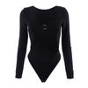 Women Elegant O-Ring Metal Slim Tops High Rise Bodysuit Cut Out Sexy Long Sleeve Bodysuits