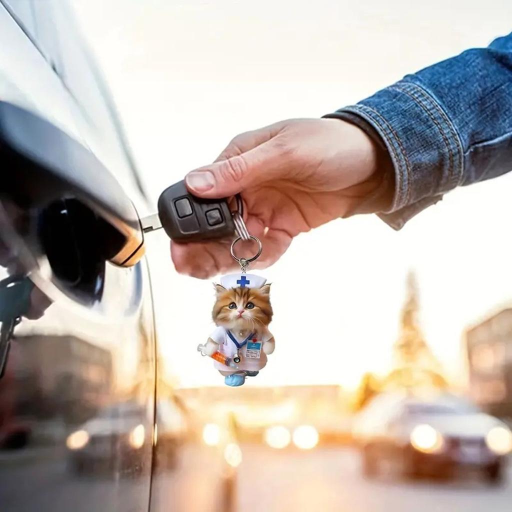 Playful Cartoon Feline Nurse Car Decoration Acrylic Hanging Charm With Sturdy Rope For Christmas Tree And Door Decoratio