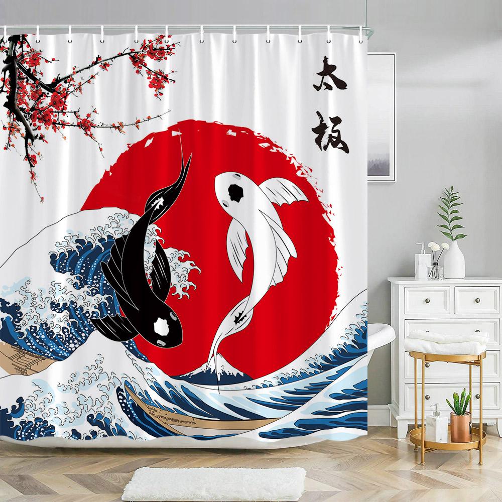 Chinese Landscape Landscape painting Shower Curtain Ink Painting Landscape Polyester Fabric Washable Bath Curtain Bathroom Decor