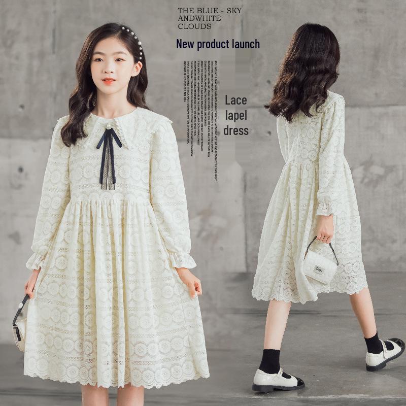 

Кружевное платье принцессы для девочек с длинными рукавами и сетчатой юбкой на весну 150 абрикосовый