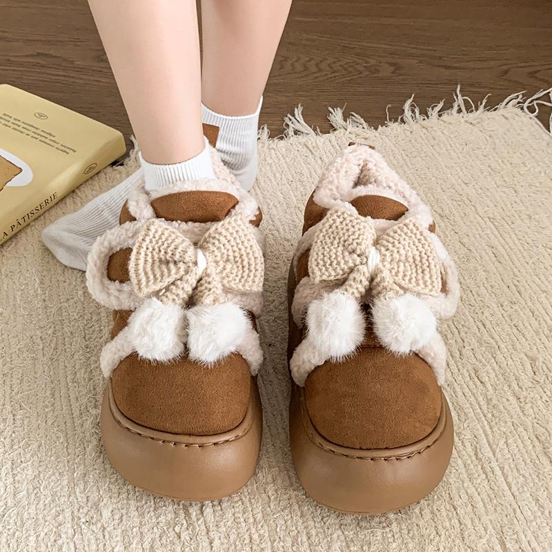 Fashion Cute Fluffy Winter Boots for Women 2025 Faux Fur Bowtie Pink Snow Boots Woman Warm Plush Kawaii Ball Ankle Boots Shoes Woman