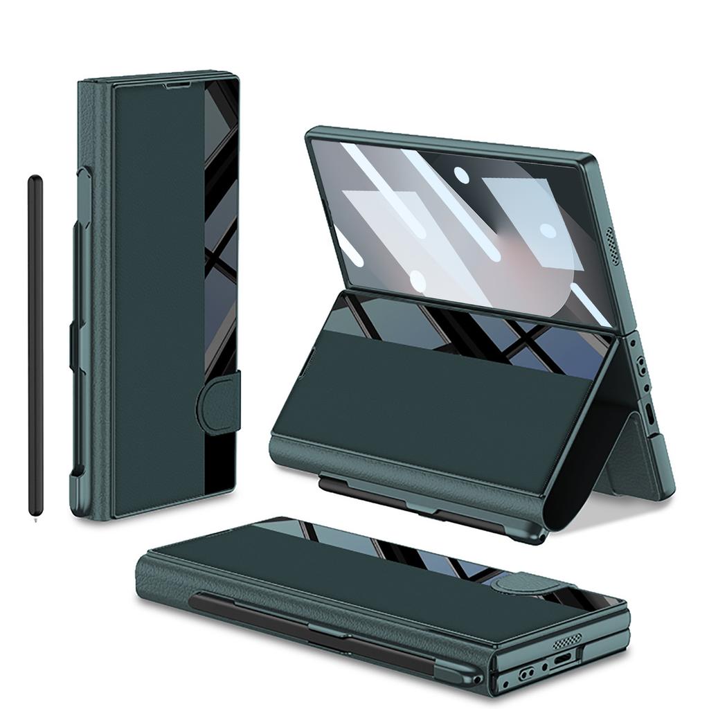 Samsung Z Fold6 Mobile Phone Chitin Leather Bracket Folding Screen Anti Fall Flip Cover Leather Case Film Integrated Pen Slot