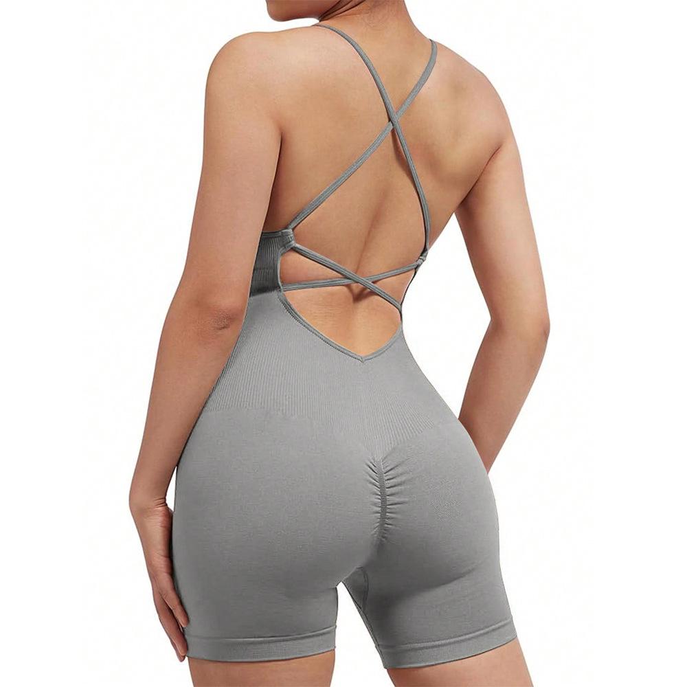 Nahtloser Yoga-Anzug mit Brustpolster - Damen Einteiler Fitness-Shorts & Schönes Rückendesign