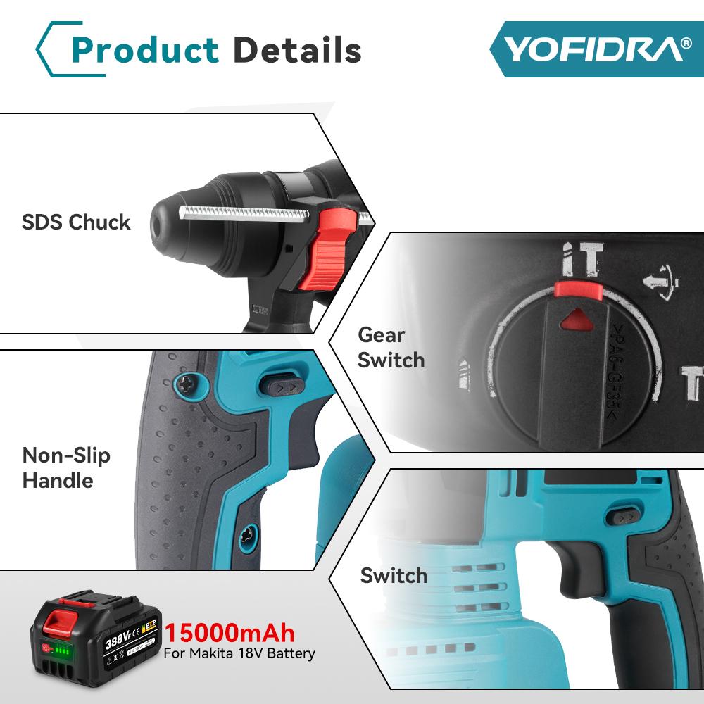Yofidra 26MM Brushless Electric Hammer Drill Multifunctional Rotary Cordless Rechargeable Power Tools For 21V 18V Battery
