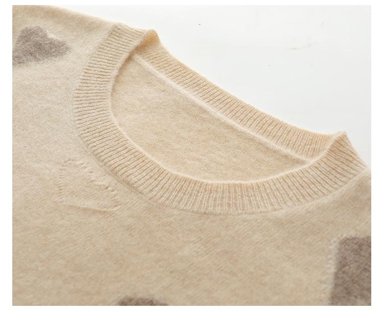 Women's Cashmere Color Block Heart Patchwork Sweater - Round Neck Long Sleeve Pullover