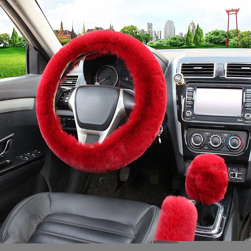 3Pcs/set Solid Soft Warm Long Wool Fuzzy Steering Wheel Cover Woolen Handbrake Car Accessory Sheep Fur Plush Protector Cover Kit