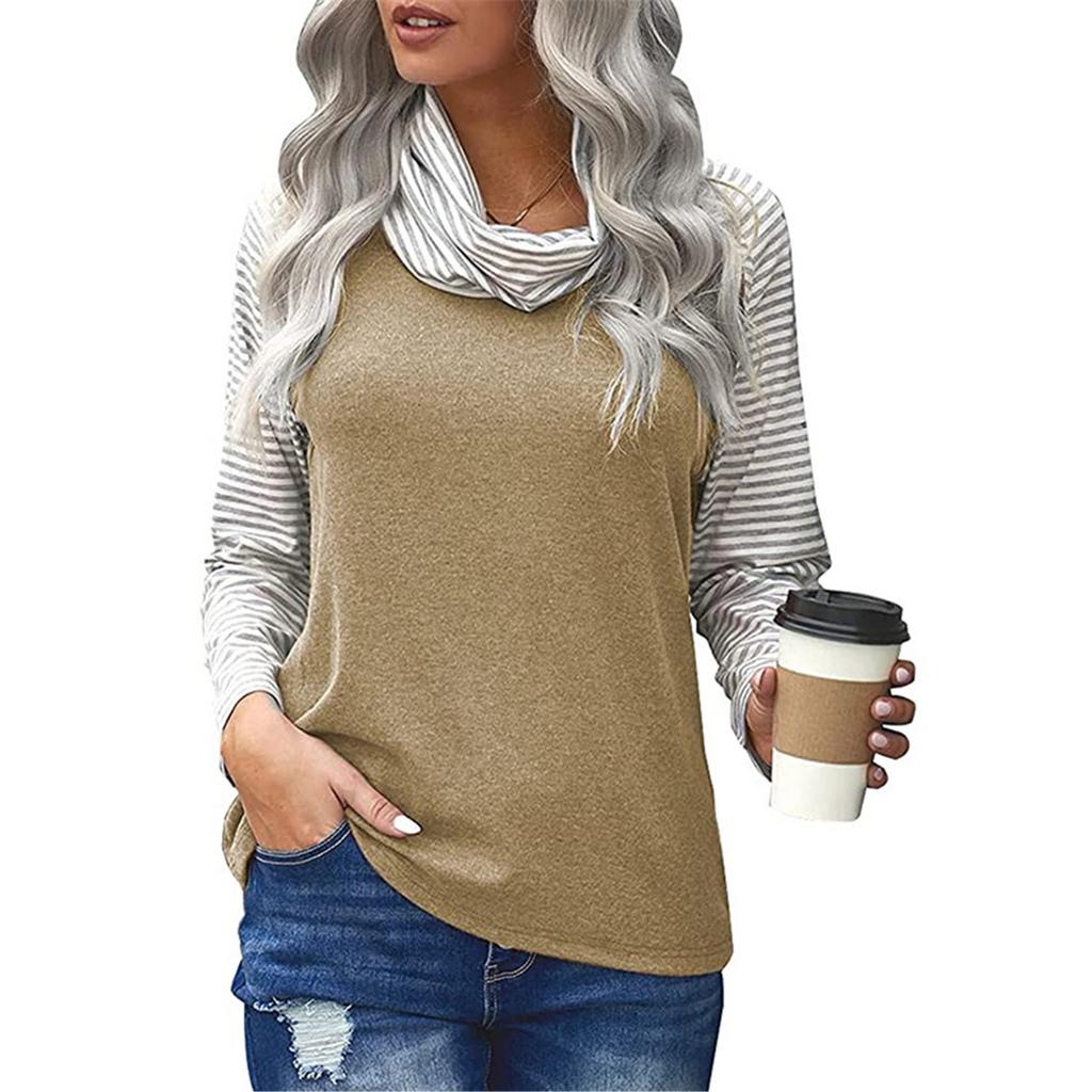 Women's Fashion Striped High Neck Color Blocking Women's Long Sleeve T-Shirt Top