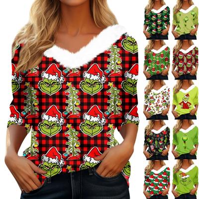 Women's T Shirt Tee Christmas Shirt Long Sleeve Party Christmas Fleece Collar V Neck Top