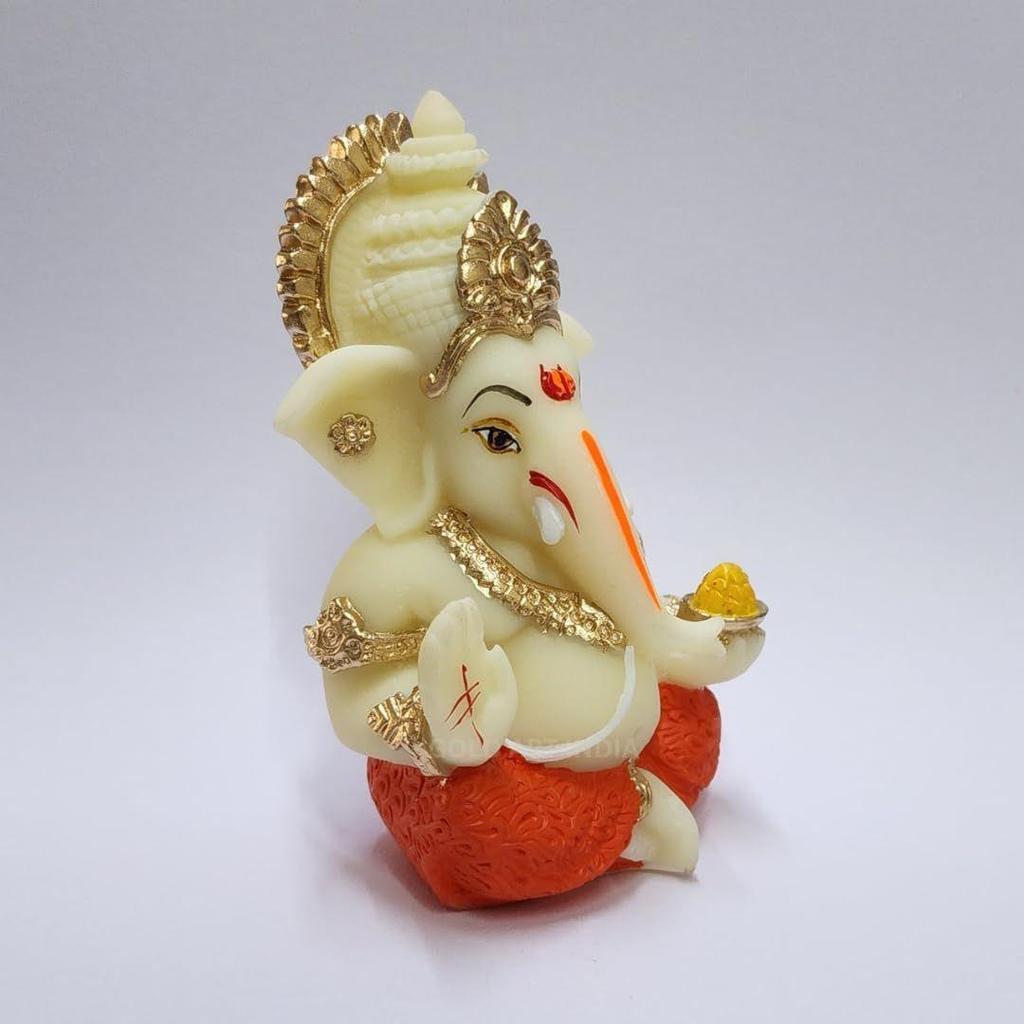 Resin Lord Ganesha Idol for Car Dashboard, Home, Office | Ganpati Statue for Mandir Decor | Handcrafted Ganesh Murti (Red & Ivory)