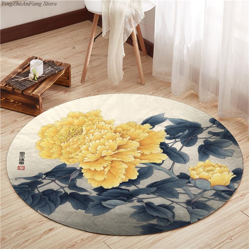 Rond Chinese Stijl Lotus Tapijt Chinese Schilderkunst Kunst Geprint Tapijt Woonkamer Slaapkamer Decoratie Tapijt Bedside Antislip Vloermat