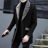 Men Business Jacket Medium Length Single-breasted Solid Color Plush Collar Autumn Winter Woolen Coat Windbreaker Streetwear