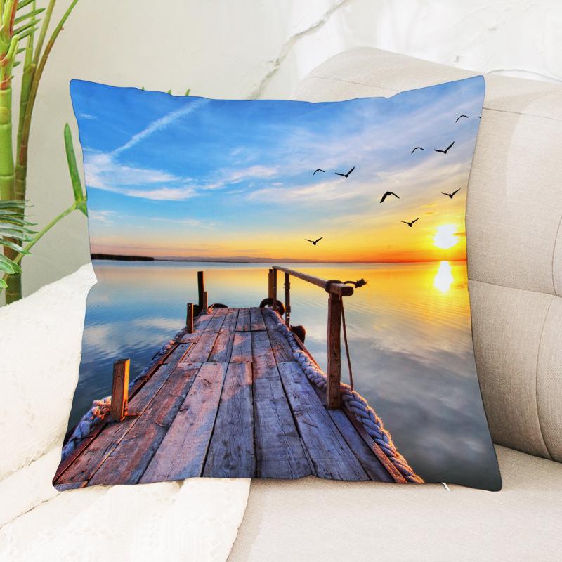 Seagull Beach Sunset Scenery Print Pattern Cushion Cover Home Living Room Sofa Decoration Waist Cushion Pillow Pillow Cover