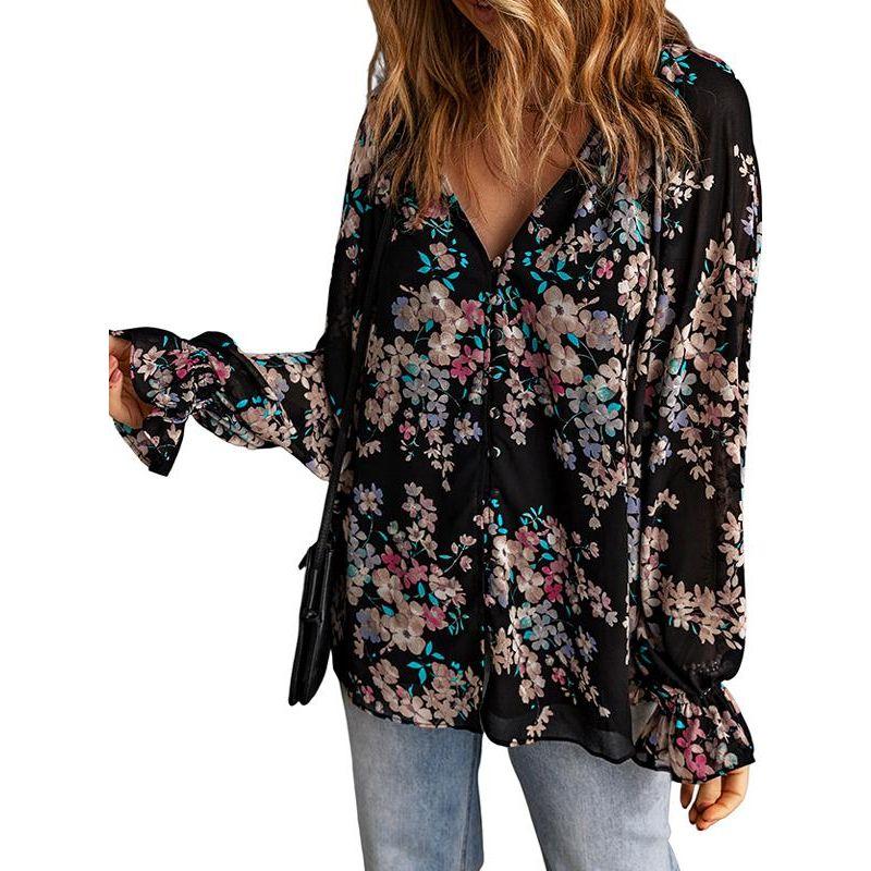 Spring & Fall New Arrival Floral V Neck Long Sleeves Chiffon Shirt European and American All-Matching Single-Breasted Thin Pullover Shirt for Women