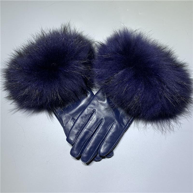 Jxwatcher Winter Women Warm Genuine Sheepskin Gloves Luxury Fur Trim Full Finger Fashion Leather Gloves