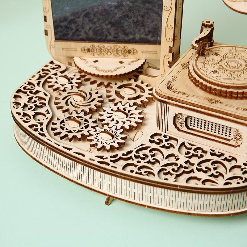 DIY 3D Wooden Puzzle Phonograph Photo Frame Miniature Model Kits Assembly Jigsaw for Kids Adults Birthday Gifts