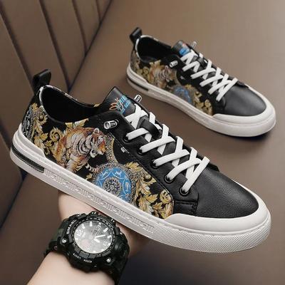 Nové pánské boty Pravá kůže Ležérní boty Tygrovaný potisk Ploché skateboardové boty Mladistvé Street Cool tenisky