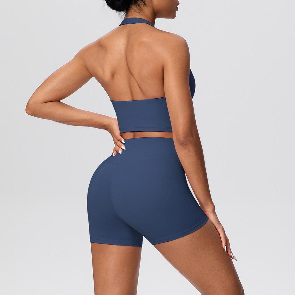 Solid Color Halter Sports Bra & Shorts Fitness Set