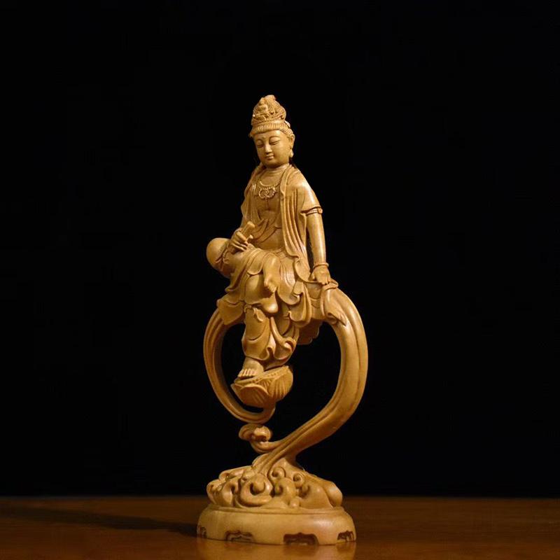 Solid woodGuanyin Buddha Bodhisattva Character Figurines Home Room Office Wealth Luck Feng Shui Decor Wood Carving Buddha Statue