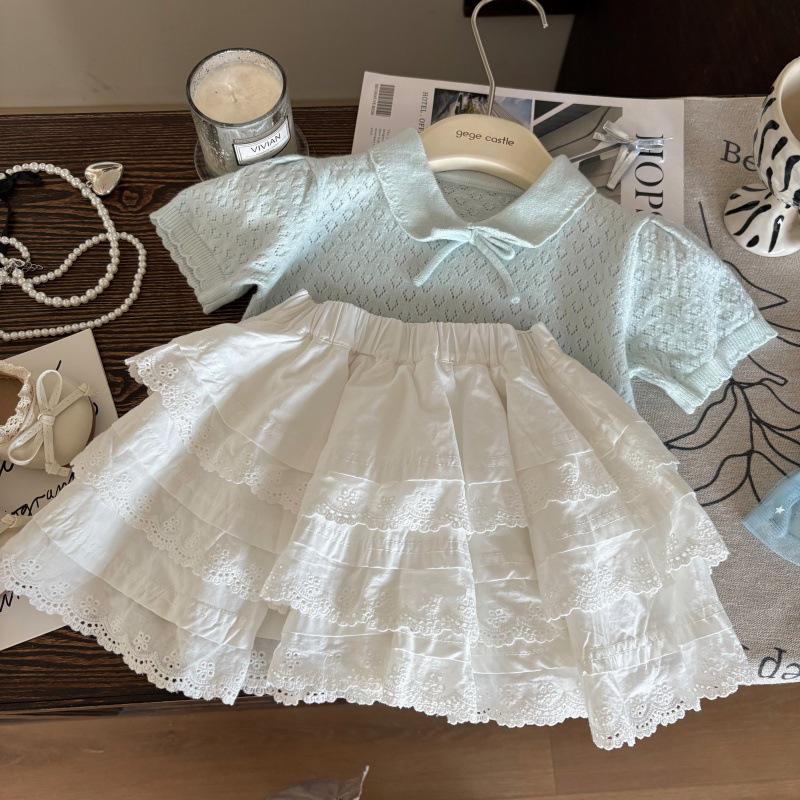 

Korean Style Children s Summer 2025 Girls Knit T-Shirt & Lace Skirt Set 80cm
