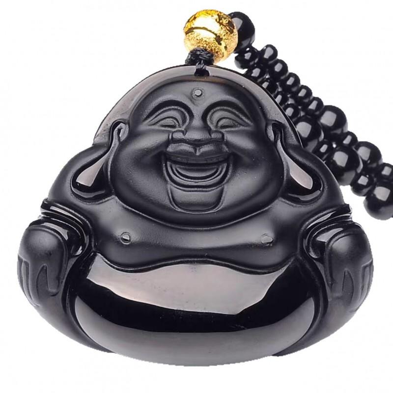 Obsidian Laughing Buddha Pendant Belly Maitreya Charm Classic Statue Jewelry