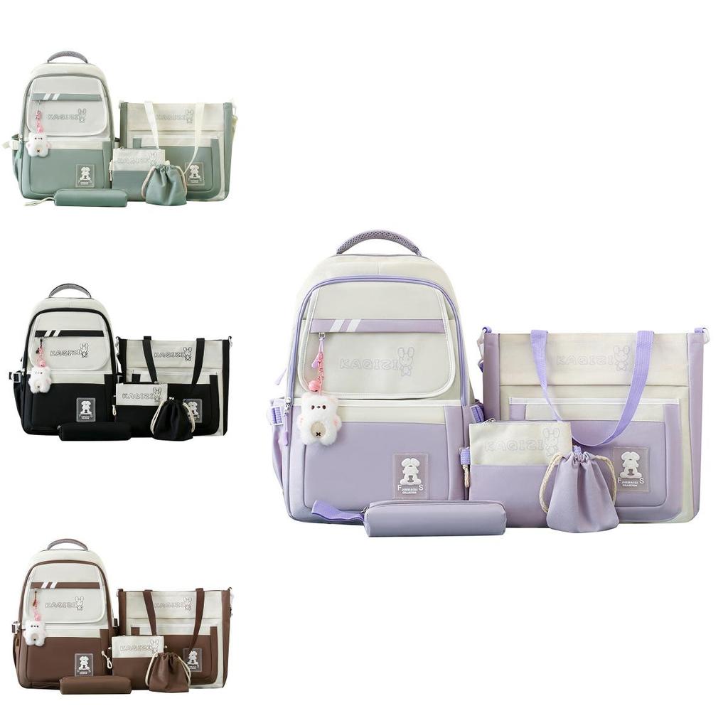 Canvas Casual Backpack Five Piece Set For Students With Rabbit Letter Pattern For School Use