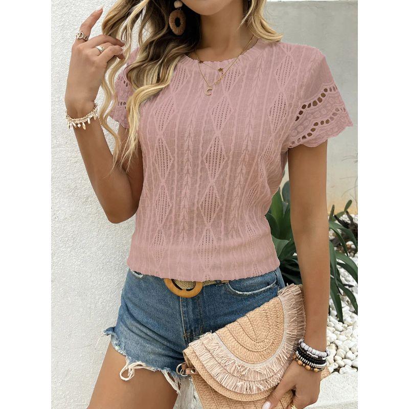 European and American New Fashion round Neck Hollow out Short sleeve round Neck T-shirt Top Women Women's T-shirt Top