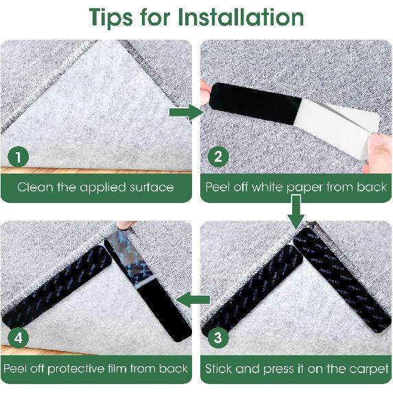 Rug Stopper, 16 Pcs Double Sided Non Slip Reble Rug Tape, Washable for Hardwood, Tile, Carpets, Mats, Wall (Black)