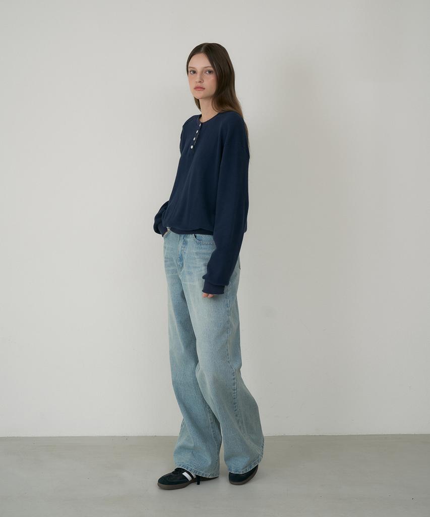 DEHEVE Check Henley-Neck Sweatshirt [Navy]