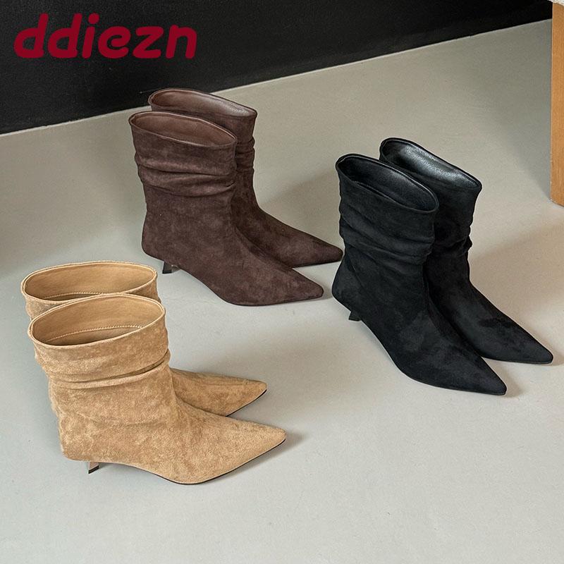 Fashion Fashion Heels Footwear Women Ankle Modern Boots Slip On Shoes Female Pointed Toe Pleated Ladies Short Boots Shoes Pumps