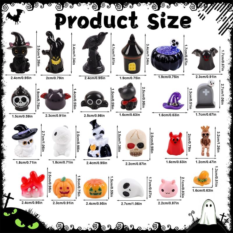 24Pcs Halloween Mini Resin Figures 24 Styles Miniature Pumpkin Skull Ghost Figurines to Hide Tiny Resin Animals for Halloween Party Favors Fairy