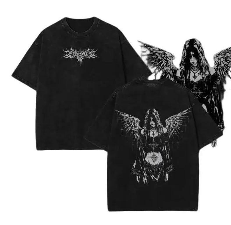 Vintage Wash Gotisches Anime Grafik T-Shirt, Y2K Gotisches Engel Washed T-Shirt, Trauriger Ang