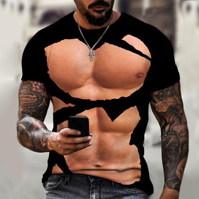 Herren T-Shirt mit 3D-Print, lässig, mit Schlitz und Kunstloch, Weiß/Schwarz, Sommer-T-Shirt für Herren, O-Ausschnitt, kurzärmelig, lockere Oberteile, atmungsaktive Paar-T-Shirts