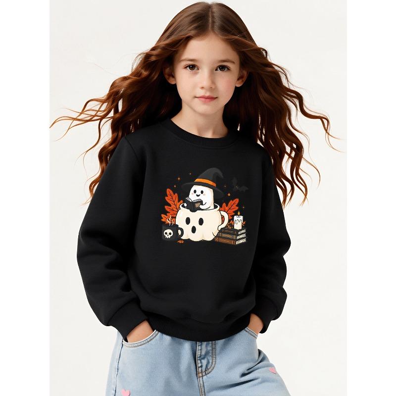 Girls Halloween Crew Neck SweatshirtCute Witch Reading Book Halloween Print, Fun Print Kids Autumn Clothing