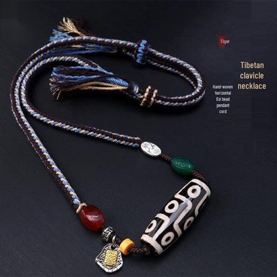 Handmade Tibetan Braided Rope Necklace with Dzi Bead, Adjustable Clavicle Chain Pendant