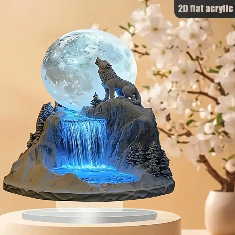 Bohemian Wolf and Full Moon, 2D Flat Acrylic, Tabletop Decoration, Ornaments, Suitable for Living Room, Office, Gifts, Christmas, Halloween