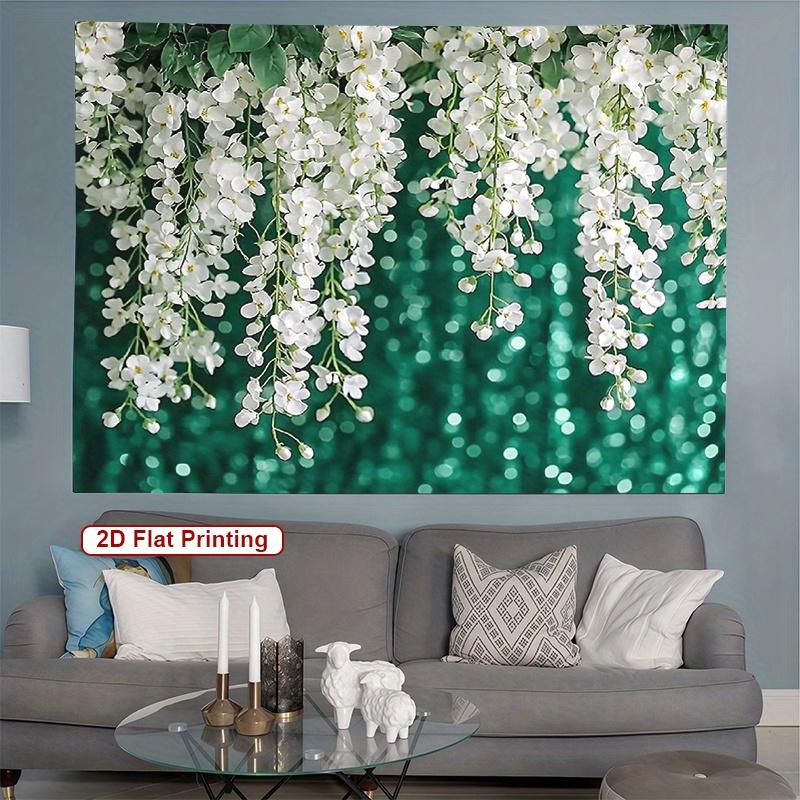 

White Flower Garland Tapestry Elegant Cascading Blossoms Green Bokeh Background Polyester 5161 in for Bedroom or Dorm 74x94cm(29x37in)