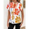 Fashion Versatile Pleated Round Neck Lace Up Printed Short Sleeve Women T Shirt