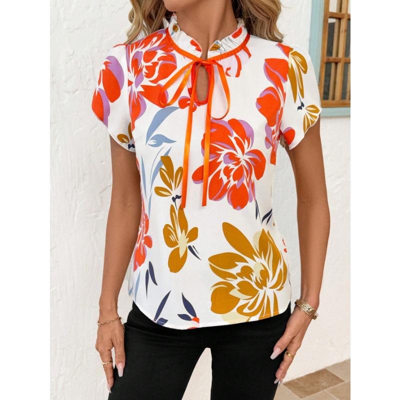 Fashion Versatile Pleated Round Neck Lace Up Printed Short Sleeve Women T Shirt