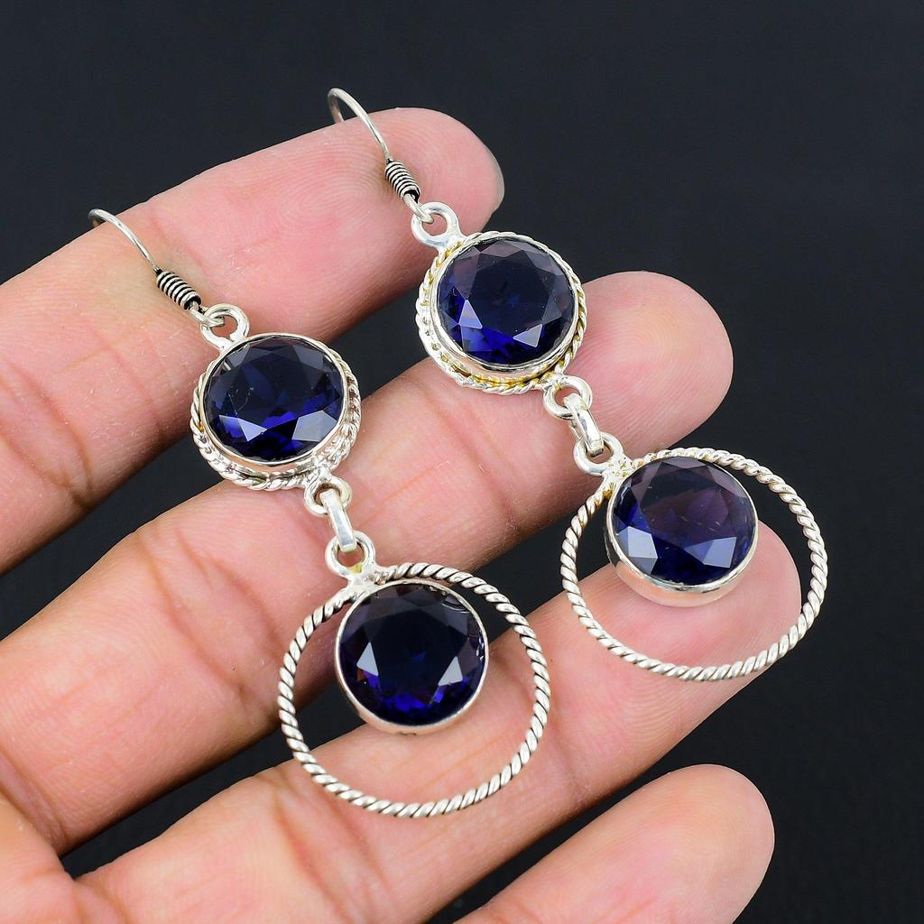 Natural London Topaz Gemstone Drop/Dangle Blue Earrings 925 Sterling Silver