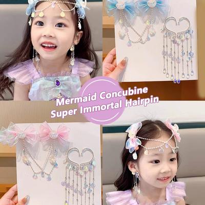 Cartoon Girls Hair Clip Children Mermaid Princess Pearl Fringe Pink Purple Bow Forehead Chain Hairpin Fairy Earhook Accessories