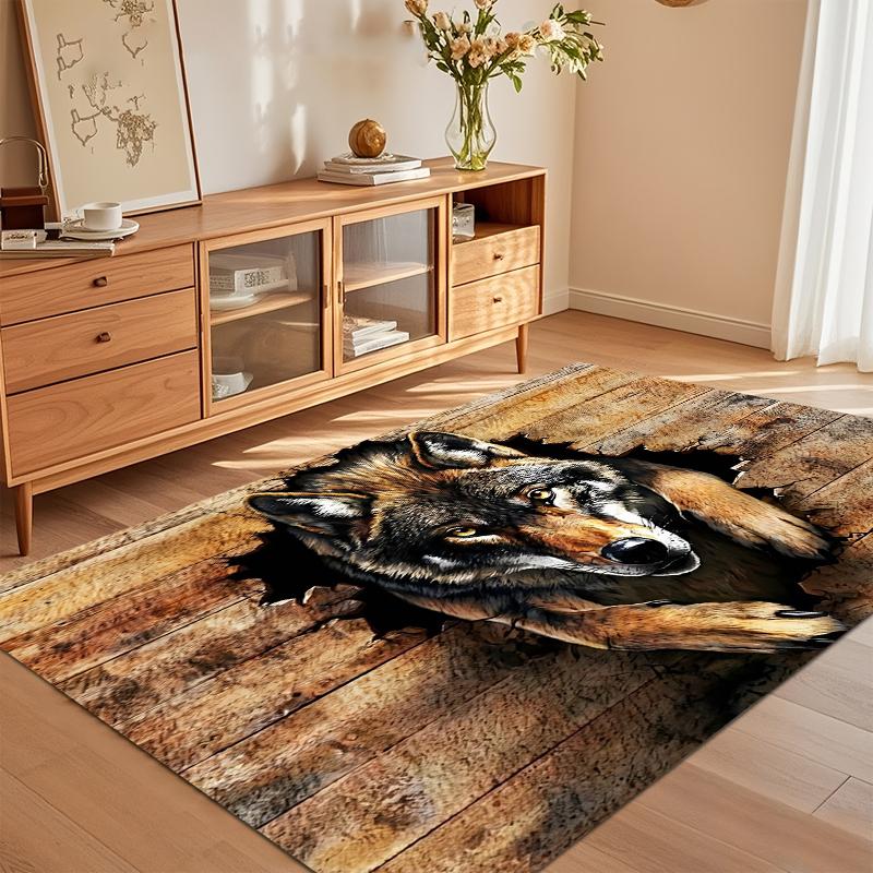 Rustic Wood 3D Wolf Illusion Area Rug for Living Room Bedroom Bold Wildlife Eco-Friendly Home Decor Non Slip Washable Floor Mat
