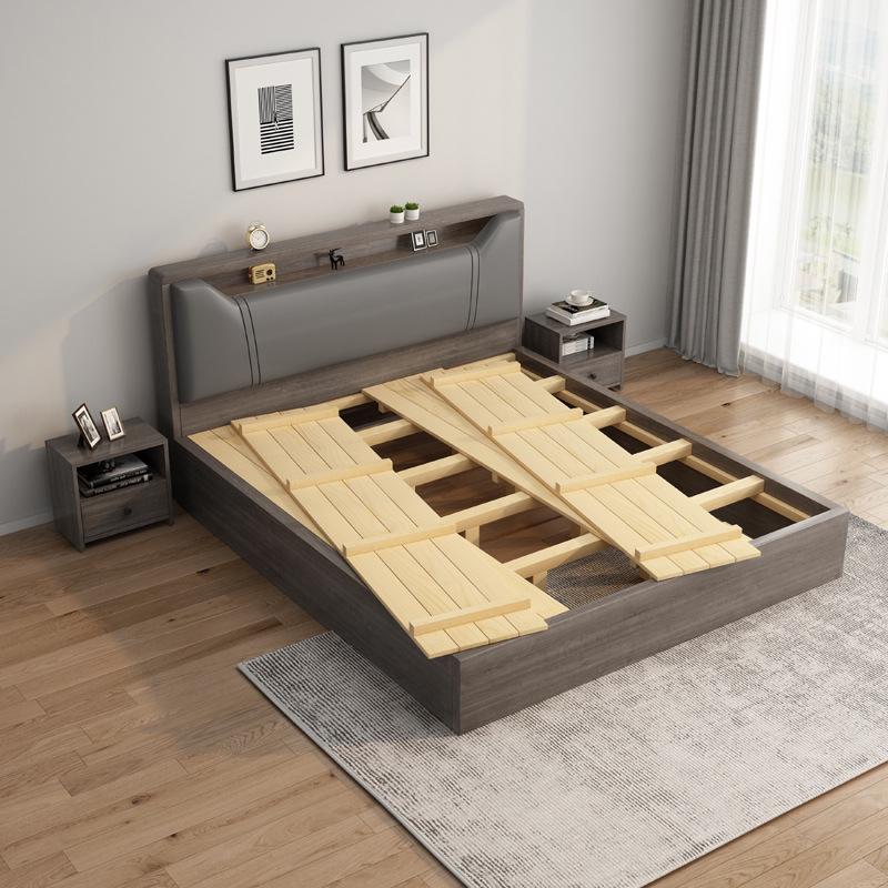 Modern Minimalist Solid Wood Panel Bed - Double (1.8m) or Single (1.2m) for Master Bedroom or Rental Room